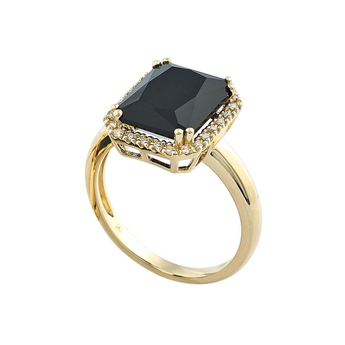 Gult gull ring med sort agat og diamanter 0,13 ct